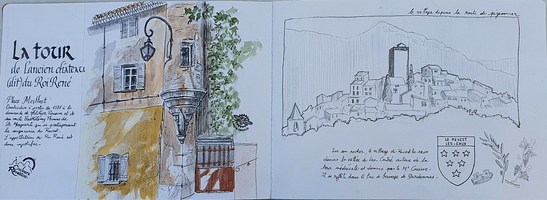 La tour et le village du Revest depuis la route du pigeonnier, par Évelyne Arnaud, carnettiste